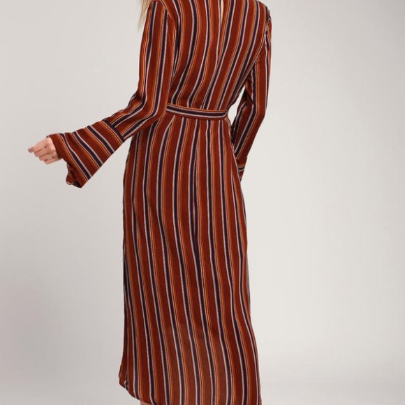 Appleton Rust Red Striped Long Sleeve Wrap Midi Dr - Picture 4 of 7